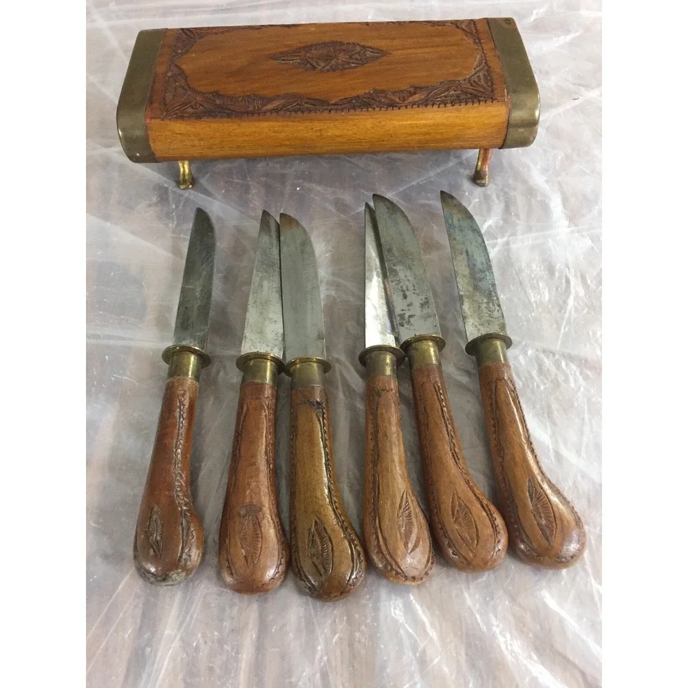 Vintage MCM Handcrafted Wooden Knife Set India 6pc Carved‎ Handles Wood Box Folk
